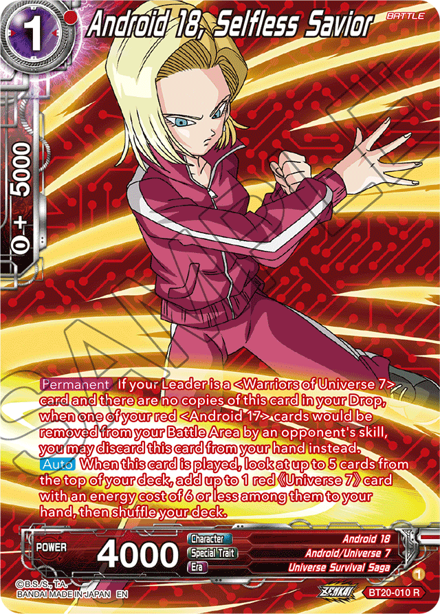 Android 18, Selfless Savior (Silver Foil) - Power Absorbed - Rare - BT20-010