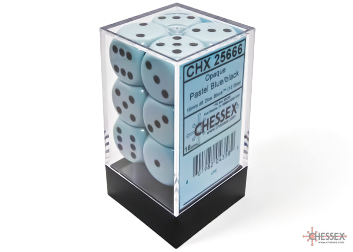Opaque Pastel Blue/black 16mm d6 Dice Block (12 dice)