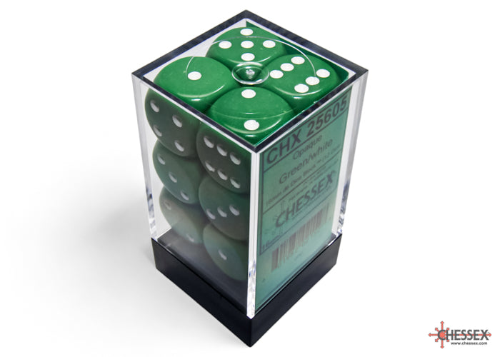 Opaque Green/white 16mm d6 Dice Block (12 dice)
