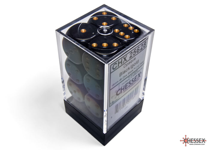 Opaque Black/gold 16mm d6 Dice Block (12 dice)