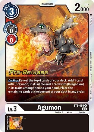 Agumon - New Awakening Pre-Release Cards - Rare - BT8-058 R