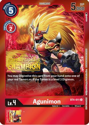 Agunimon - BT4-011 (2023 Regionals Champion) - Great Legend - Promo - BT4-011 U