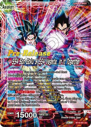 Son Goku & Vegeta // SS4 Son Goku & SS4 Vegeta, In It Together - Dawn of the Z-Legends Pre-Release Cards - Uncommon - BT18-001